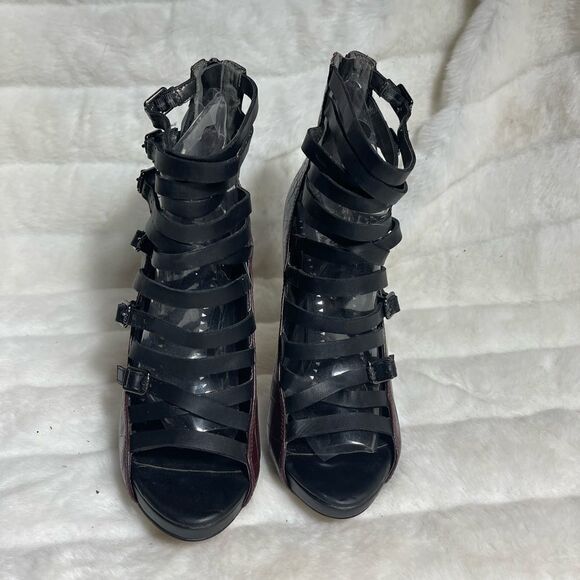 Circus By Sam Edelman Lennox burgundy crocs prints & black gladiator heels SZ8.5 - Picture 4 of 12